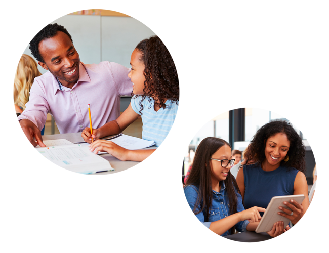 Two photos. In the first a Black male teacher is assisting a young Black female student. In the second photo, a Black female teacher is assisting an older ethnically diverse female student.